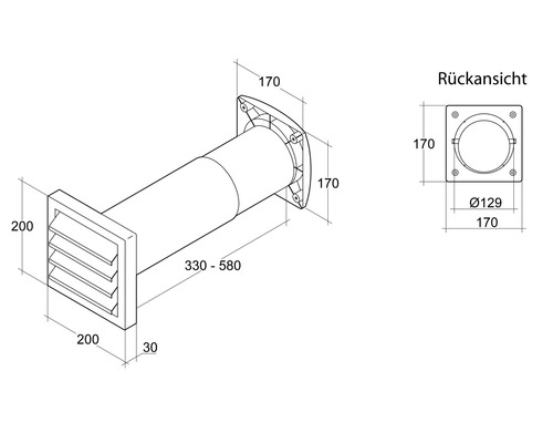 Technische Zeichnung eines Mauerkastens mit den Maßen 200 x 200 x 30 mm und einem Durchmesser von 129 mm