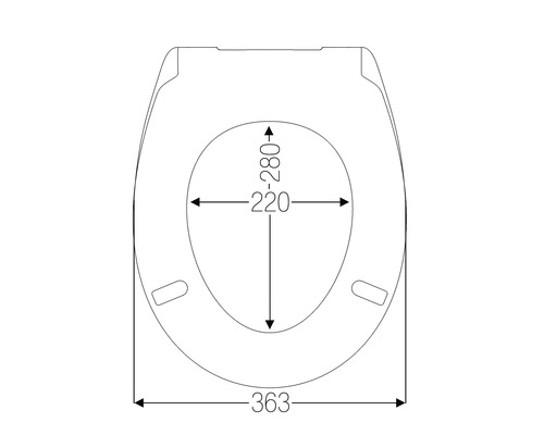 Technische Zeichnung eines Toilettensitzes mit Maßangaben