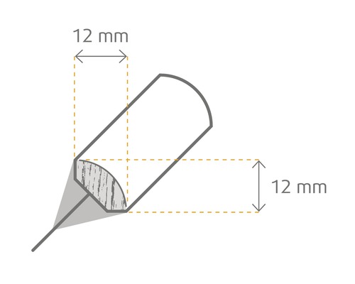Illustration eines Viertelstabprofils mit den Maßen zwölf mal zwölf Millimeter.