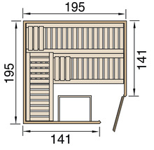 Draufsicht einer Sauna mit Maßangaben 195 x 195 cm und 141 x 141 cm