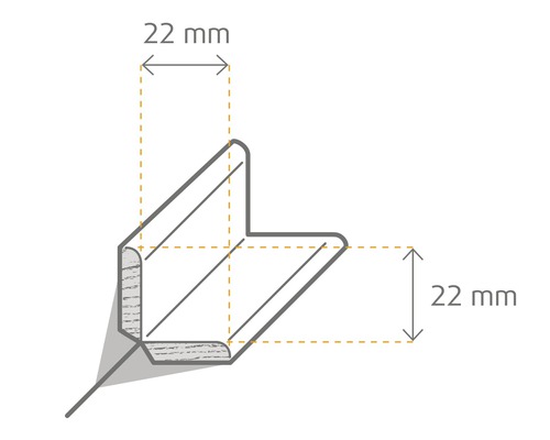 Zeichnung eines Winkels mit den Maßen 22 mm x 22 mm