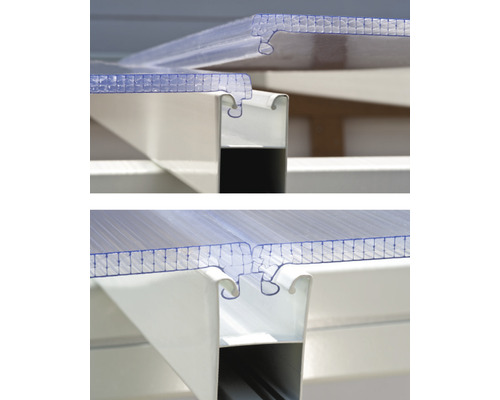Detailansicht einer transparenten Doppelstegplatte auf einem weißen Trägerprofil.