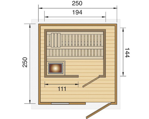 Grundriss einer Sauna mit Bemaßung