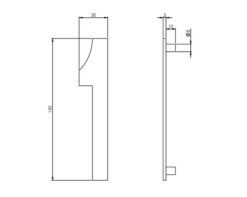 Technische Zeichnung eines Türgriffs mit Maßangaben