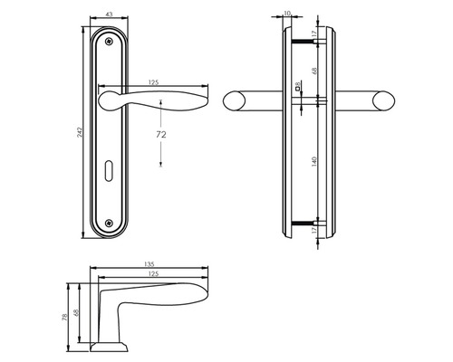 Technische Zeichnung eines Türdrückersets mit Langschild und Maßangaben.