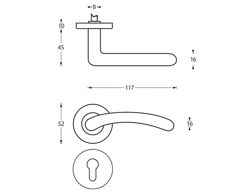 Technische Zeichnung eines Türdrückers mit Rosette und Schlüsselrosette mit Maßangaben
