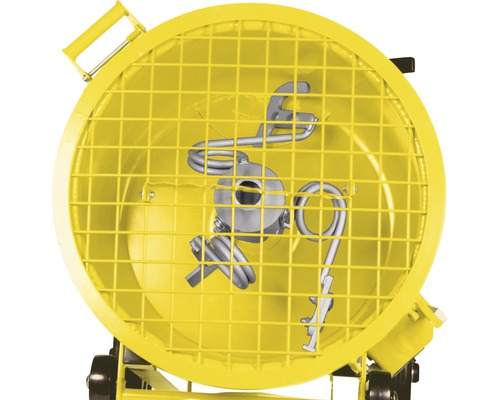 Innenansicht eines gelben Zwangsmischers mit Schutzgitter