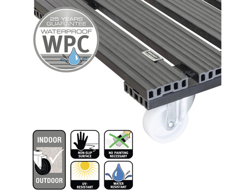 Rollbrett aus WPC mit 25 Jahren Garantie, wasserfest, geeignet für Innen- und Außenbereiche, rutschfeste Oberfläche, kein Anstrich notwendig, UV-beständig, wasserabweisend.