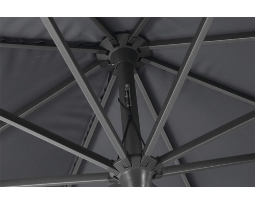 Detailansicht von unten eines Sonnenschirms mit Metallgestell