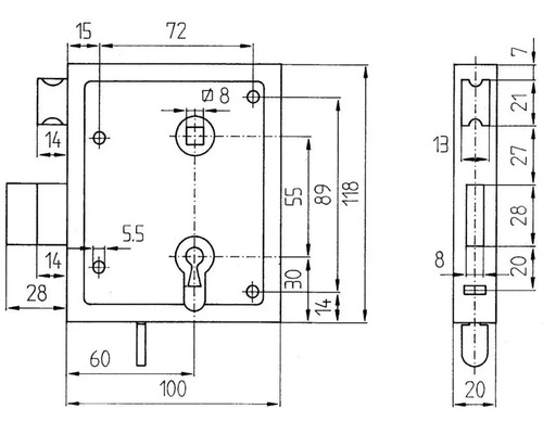 Technische Zeichnung eines Einsteckschlosses mit Maßangaben