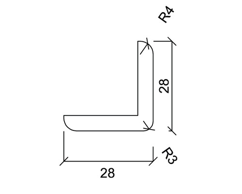 Technische Zeichnung eines Winkelprofils mit den Maßen 28 x 28 Millimeter