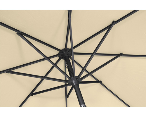 Detailaufnahme der Unterseite eines Sonnenschirms mit Metallgestell und Stoffbespannung