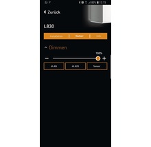 Smartphone-Ansicht mit App-Oberfläche zur Dimmung einer Leuchte