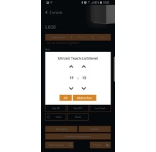 App-Oberfläche zur Einstellung von Uhrzeit und Lichtlevel