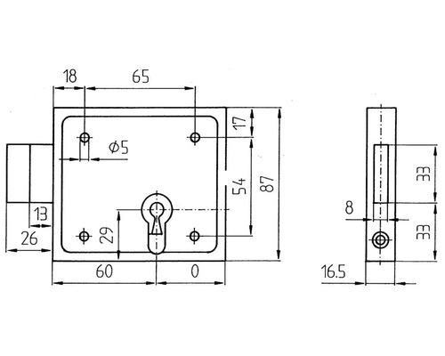 Technische Zeichnung eines Einsteckschlosses mit Maßen.