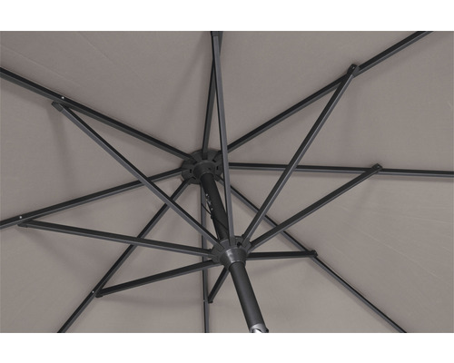 Unteransicht eines geöffneten Sonnenschirms mit Gestell