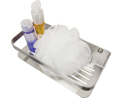 Duschablage aus Edelstahl mit Kosmetikprodukten