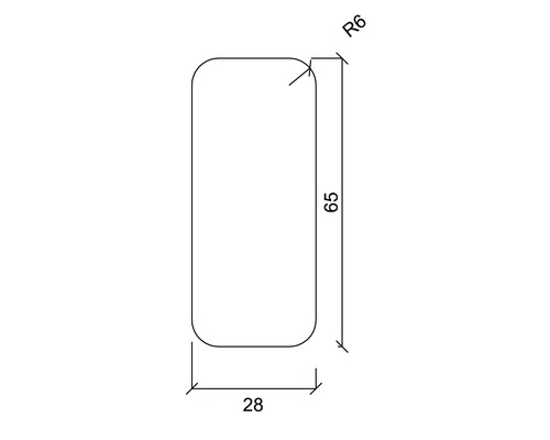 Technische Zeichnung mit Maßangaben: Länge 65 Millimeter, Breite 28 Millimeter, Radius 6 Millimeter