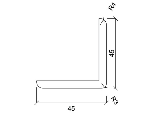 Technische Zeichnung eines Winkels mit den Maßen 45 mal 45 Millimeter und Radien von R3 und R4