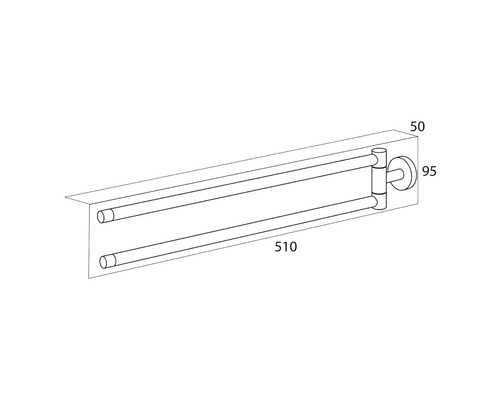 Abbildung einer Handtuchstange mit zwei Armen und den Maßen 510 x 50 x 95 Millimeter.