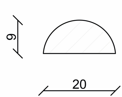 Technische Zeichnung eines Halbrundprofils mit den Maßen 20 mal 6 Millimeter