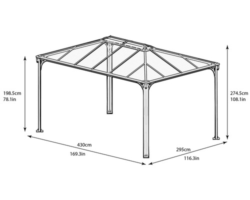 Abbildung eines Pavillons mit den Maßen 430 mal 295 Zentimeter und einer Höhe von 274,5 Zentimeter