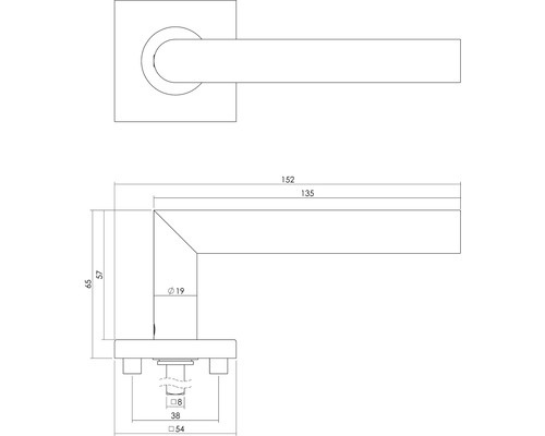 Technische Zeichnung eines Türgriffs mit Maßangaben