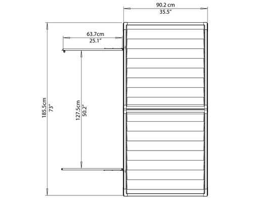 Technische Zeichnung eines Schranks mit den Maßen Höhe 185,5 cm, Breite 90,2 cm und Tiefe 63,7 cm