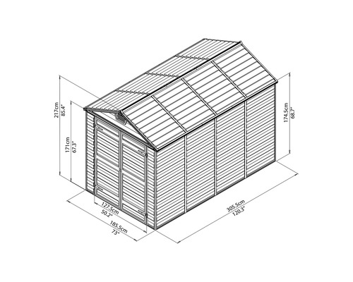 Illustration eines Gerätehauses mit Maßangaben