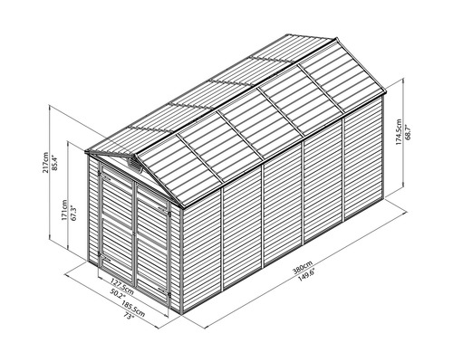 Technische Zeichnung eines Gartenhauses mit Maßangaben