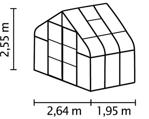 Skizze eines Gewächshauses mit Abmessungen: 2,55 Meter Höhe, 2,64 Meter und 1,95 Meter Breite