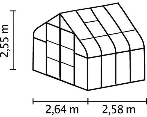 Skizze eines Gewächshauses mit den Maßen 2,55 Meter Höhe, 2,64 Meter und 2,58 Meter Breite
