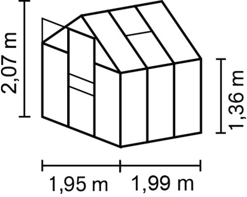 Abmessungen Gewächshaus: 1,95 Meter mal 1,99 Meter mal 2,07 Meter