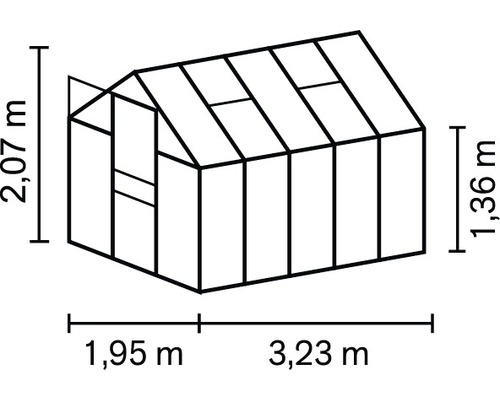 Schema des Gewächshauses mit einer Höhe von 2,07 Meter, einer Seitenhöhe von 1,36 Meter, einer Breite von 1,95 Meter und einer Länge von 3,23 Meter
