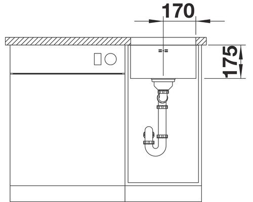 Installationsplan für ein Spülbecken mit den Maßen 170 mal 175 Millimeter.