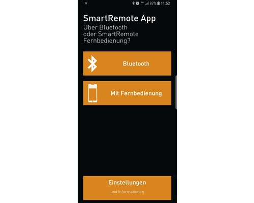 Smart Remote App Auswahlmenü auf einem Mobiltelefon Bildschirm.