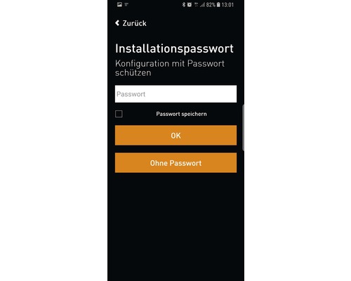 Screenshot eines Smartphones mit der Aufforderung zur Eingabe eines Installationspassworts