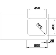 Technische Zeichnung einer Spüle mit den Maßen 450, 400, 500 und 25 mm