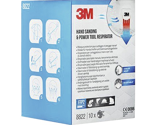 Verpackung einer 3M Atemschutzmaske für Handschleifen und Elektrowerkzeuge, inklusive Anwendungsanleitung