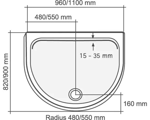 Maßzeichnung einer Duschtasse mit den Maßen 960/1100 mm Länge, 820/900 mm Breite und einem Radius von 480/550 mm.