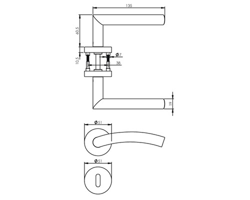 Technische Zeichnung eines Türdrückers mit Maßen