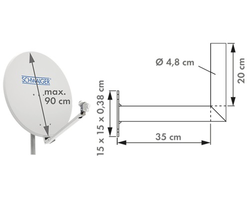 Schwaiger Logo, Satellitenschüssel mit maximal 90 Zentimeter Durchmesser und Maßangaben zur Wandhalterung