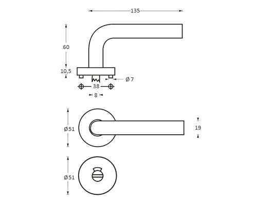 Technische Zeichnung einer Türgarnitur mit Maßen.