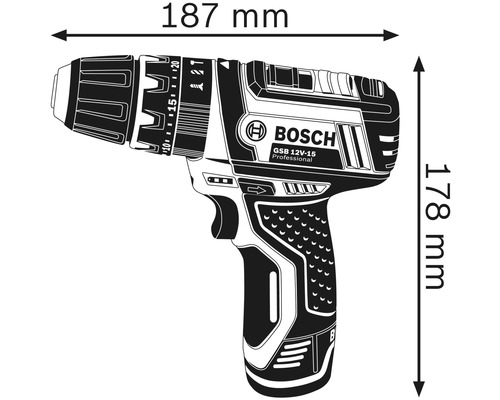 Abbildung eines Bosch GSB 12V-15 Professional Akku-Schlagbohrschraubers mit Maßangaben: 187 mm Länge und 178 mm Höhe