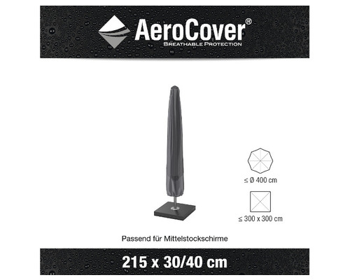 AeroCover Logo. Schutzhülle für Mittelstockschirme, passend für Schirme bis maximal 400 Zentimeter Durchmesser oder 300 x 300 Zentimeter, Größe 215 x 30/40 Zentimeter.