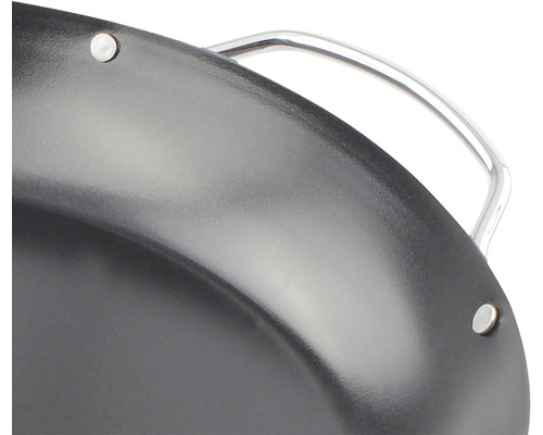 Detailansicht einer schwarzen Bratpfanne mit Griffen