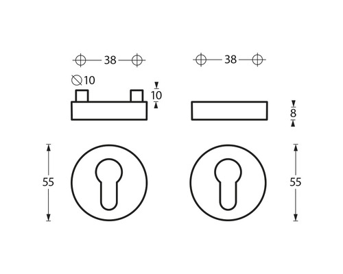 Technische Zeichnung eines Türbeschlags mit Maßangaben