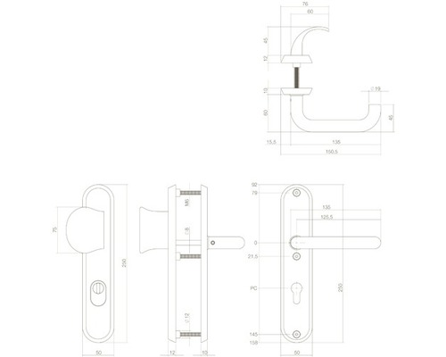 Technische Zeichnung eines Türdrückers mit Maßangaben