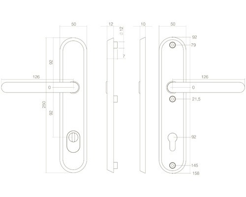 Technische Zeichnung eines Türgriffs mit Maßangaben