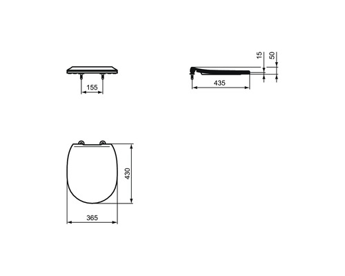Technische Zeichnung eines WC-Sitzes mit Maßangaben.
